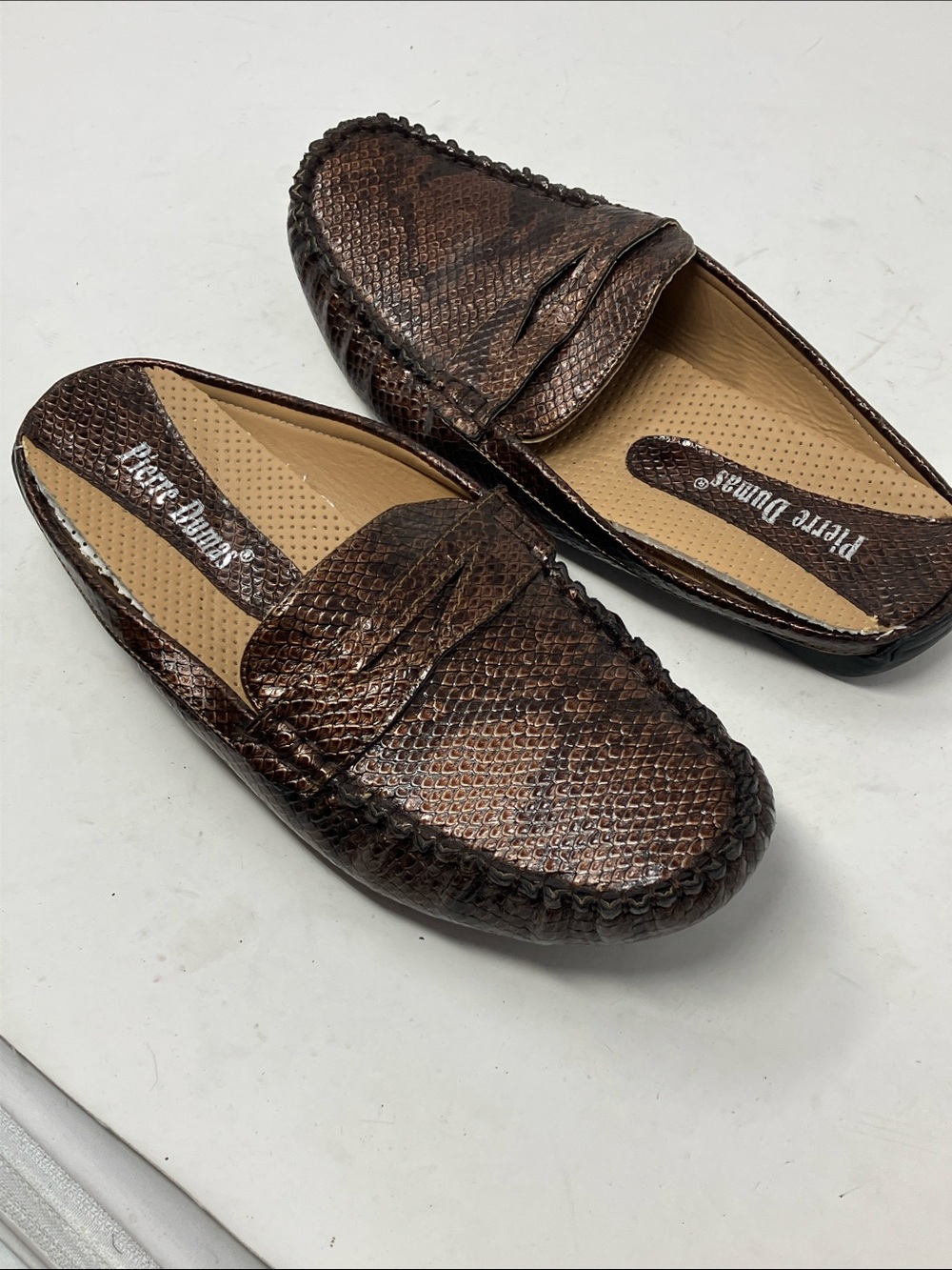 Pierre Dumas Brown Snakeskin Penny Loafer Mules Slip On Flat Shoes 6.5